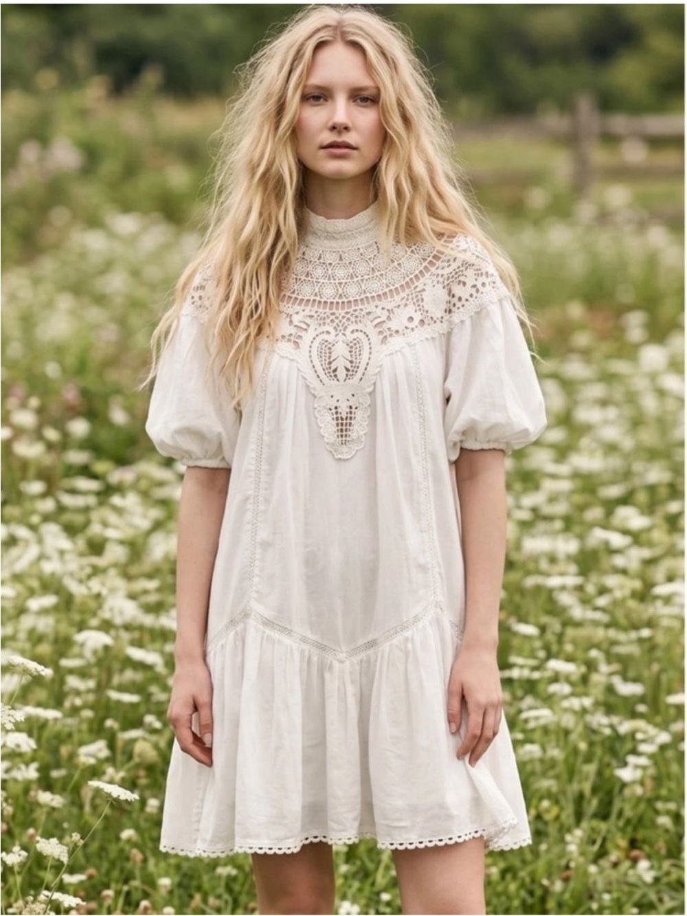 By Anthropologie High Neck Lace Tunic Mini Dress
